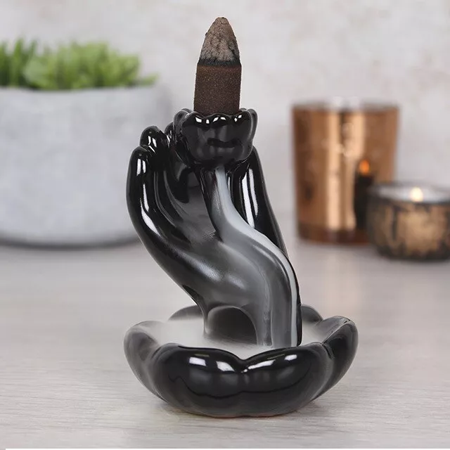 Black Ceramic Waterfall Backflow Smoke Incense Burner Holder Hand and Lotus