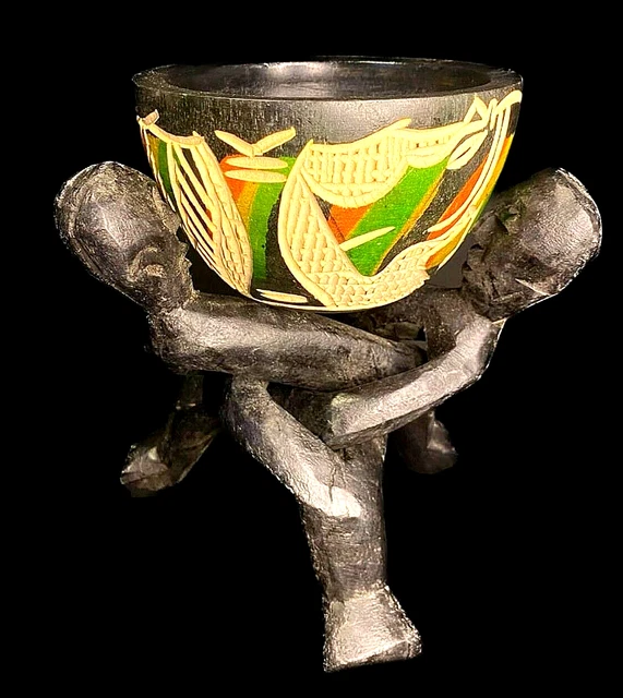Famous Neem Wood Three Headed Unit Figure Ghana Bowl Carving-6629