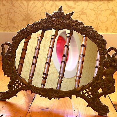 Antique Victorian Gold Bronze Cast Iron Oval Mirror Frame w/ Cherubs & Angels