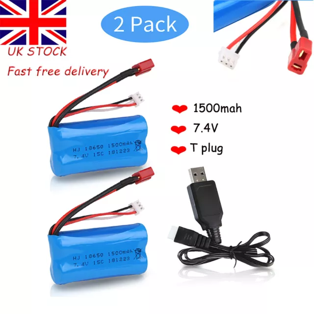 2x 7.4V 15C 1500mAh Battery Pack T Plug Deans For WLtoys 4WD RC Cars Replacement