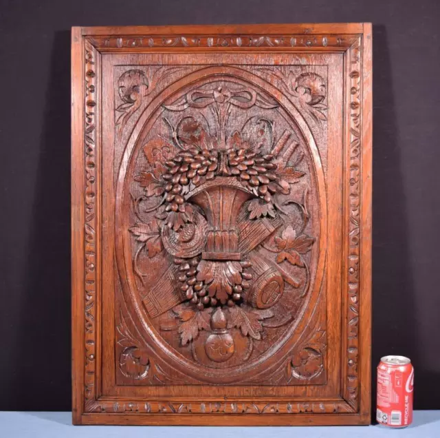 French Antique Deeply Carved Solid Oak Wood Panel with Harvest Theme