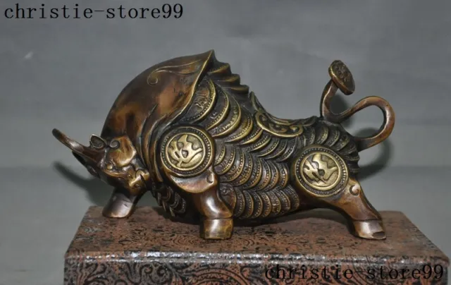 7.2" Chinese dynasty bronze Feng Shui Ox Bull Bovine Oxen Bull market "旺" statue