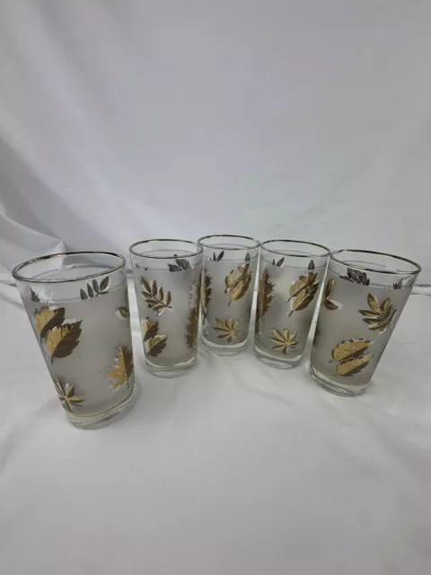 Vintage Libbey Gold Leaf Frosted Starlyte High Ball Glasses 5 Piece Set MCM
