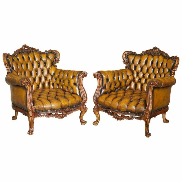 Pair Of Stunning Circa 1900 Carved Walnut & Brown Leather Chesterfield Armchairs