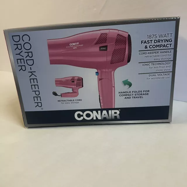 Conair Hair Dryer Cord Keeper Fast Drying 1875 Watt Pink Retractable Cord NIB