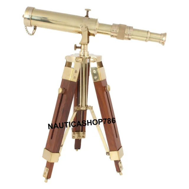 Maritime Antique Brass Telescope With Brown Wooden Desk Stand Home Decor