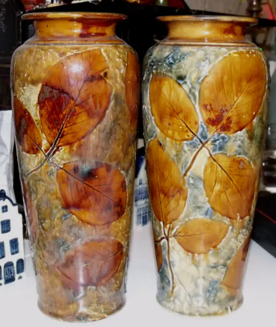 Rare PAIR Royal Doulton Vases of Autumn Foliage  Designer Maud Bowden 25cm tall