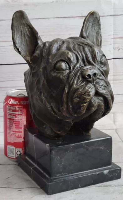 Bronze Sculpture Bust Head of French Bulldog Hot Cast Marble Base Figure Sale 2