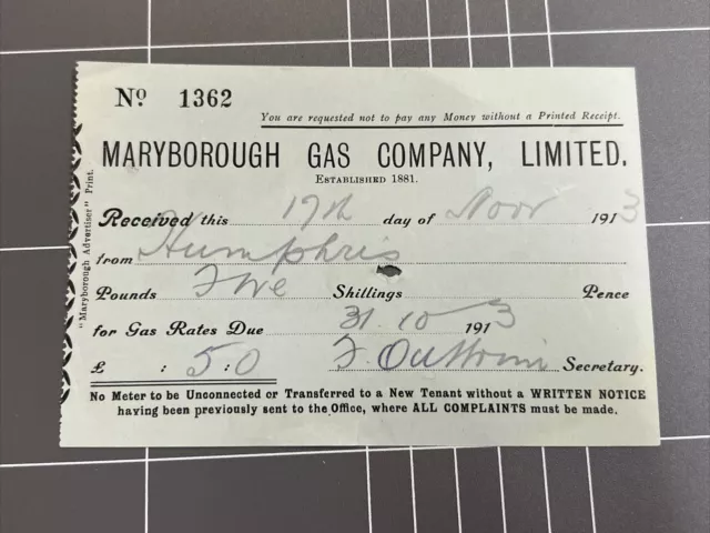 Vintage Receipt Maryborough Gas Company 1913 Signed Outtrim Member Parliament