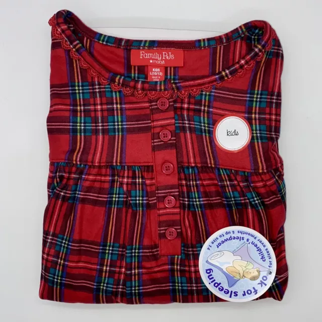 Macy’s Family PJs Kids Red Plaid Long Nightgown w/ Long Sleeves Size L 10/12 NEW