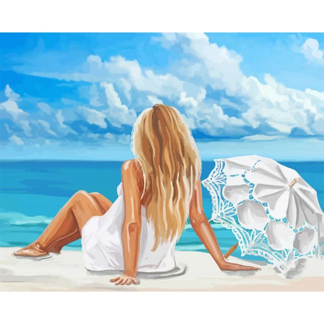Kit de pintura al óleo de espalda de niña playa por números hágalo usted mismo decoración del hogar regalo fotos de pared