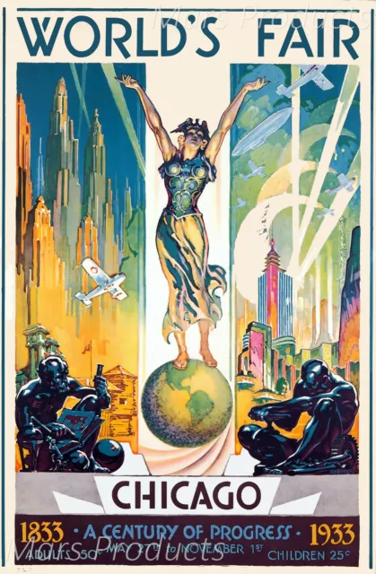 Chicago Worlds Fair Century of Progress 1933 Vintage Style Travel Poster