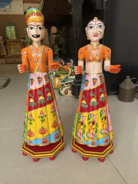 Vintage Hand Carved Wooden Statue Indian Dolls 18” Figurine Set of Two