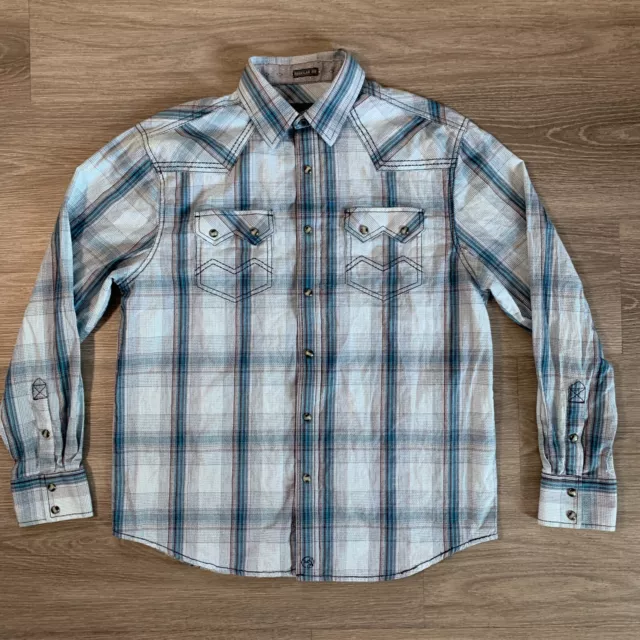 Moonshine Spirit Brad Paisley Snap Button Shirt Mens Small Reg Light Blue Plaid