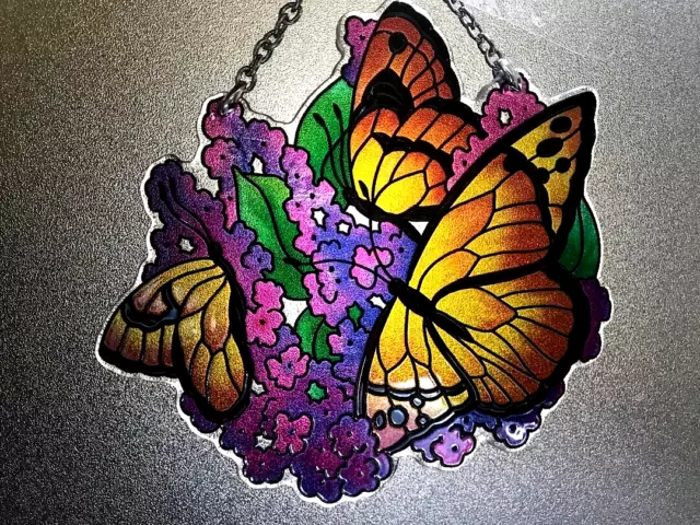 Joan Baker Hand painted Suncatcher Butterfly Bush Stained Glass Window Hanger