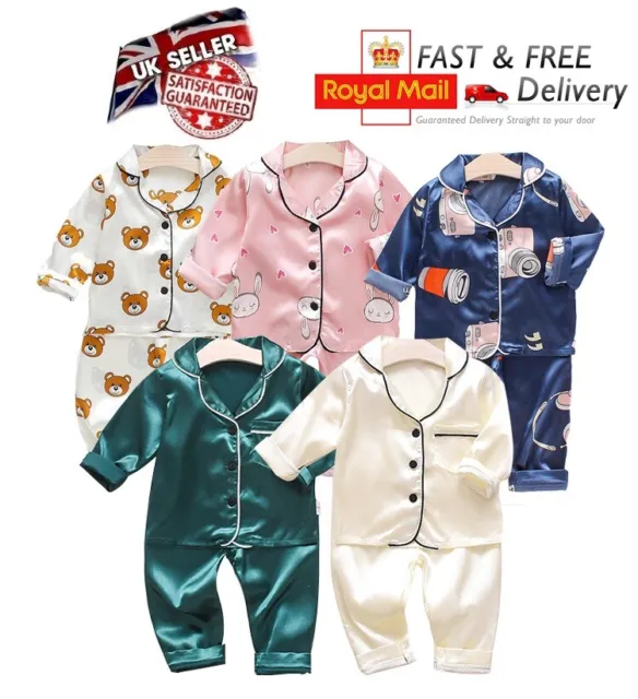 New Kids Boys Girls Cartoon Printed Silk Long Sleeve Pyjamas Set Nightwear PJs