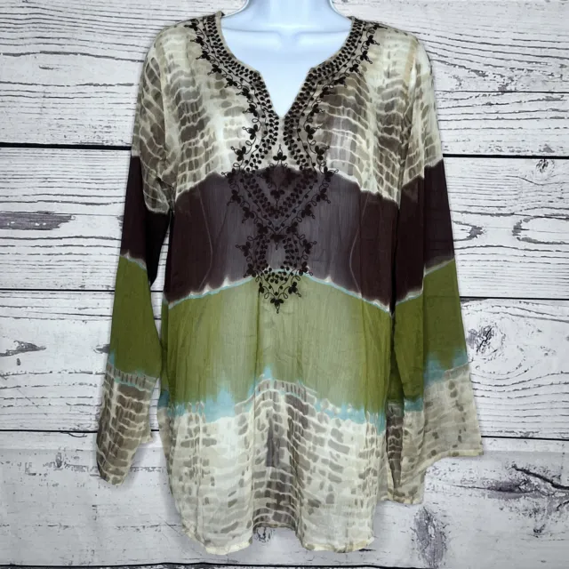 Sweet Magnolia Womens Brown Tie Dye V Neck Long Sleeve Tunic Blouse Top SZ S