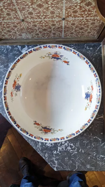 Large Antique Ceramic Wash Bowl with Colourful Floral Pattern