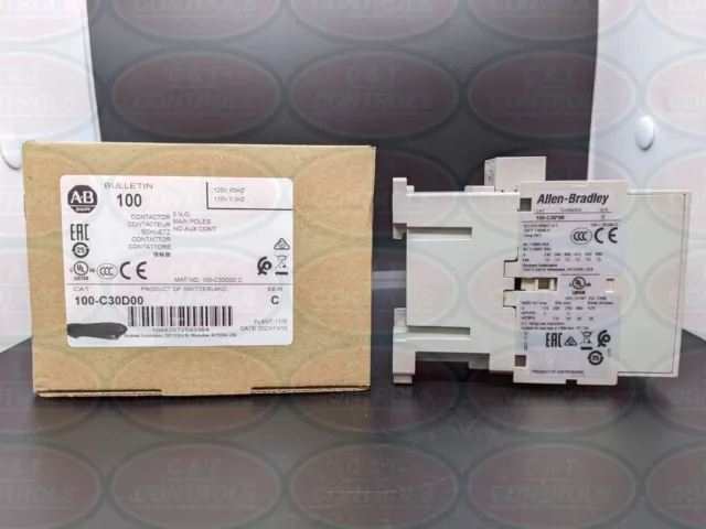Allen Bradley 100-C30D00 120V 30AMP Contactor No Aux Contact NEW IN BOX USA