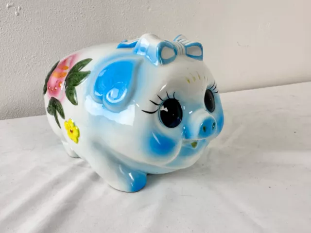 Vintage JUMBO Ceramic Pig Piggy Bank big bow and flowers Anthropomorphic