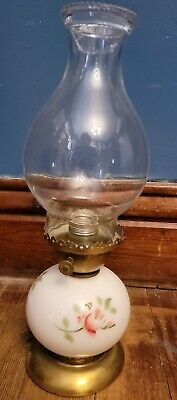 Antique Vtg Milk Glass Hand-Painted Shade Brass Electric Oil Lantern Lamp Gwtw