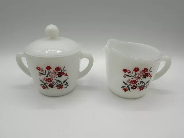 Vintage Fire King Oven Ware Milk Glass Primrose Creamer Sugar Bowl & Lid Set