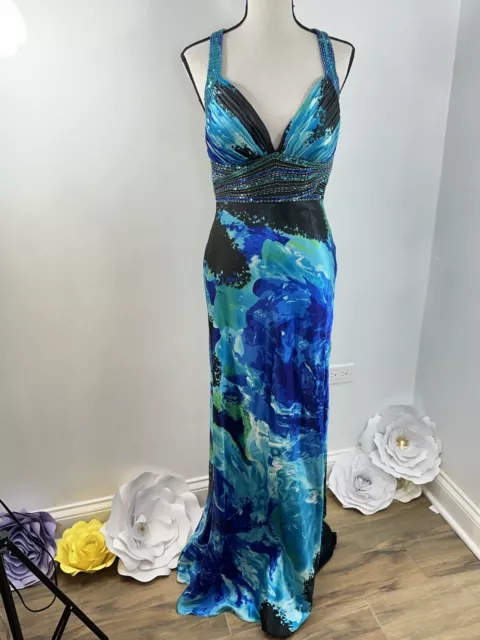 Cache Embellished Beaded Gown Prom Formal Dress Long Teal Black  Prom Sz 10.