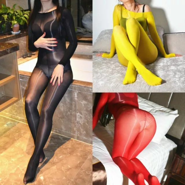 Bodystocking Oil Lucido Maniche Lunghe Bodysuit Nylon Playsuit Aperto Catsuit Aperto