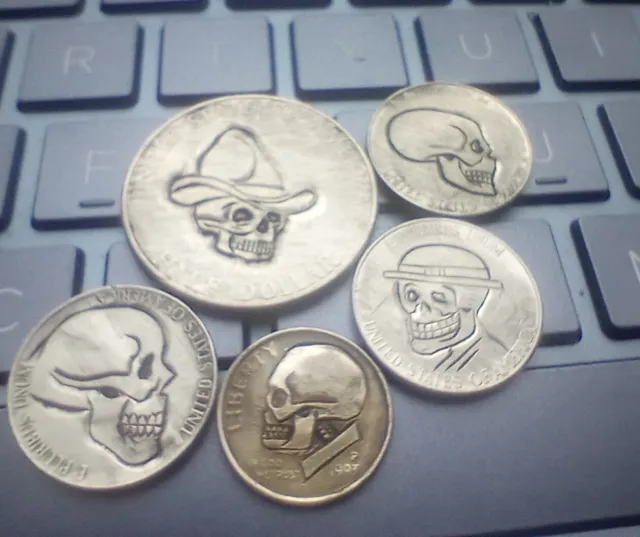 5 Skull Coins Hobo Nickel Hand Carved
