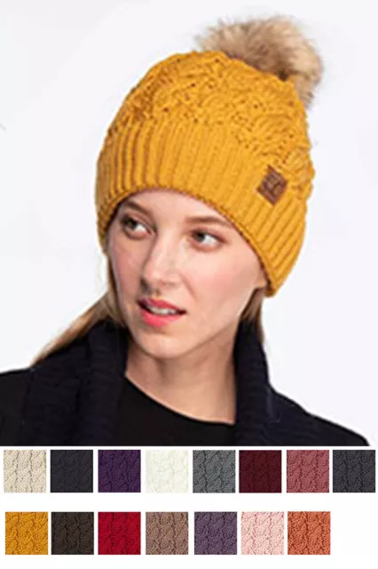 C.C Exclusive Solid Color Ribbed Knit Beanie Hat with Faux Fur Pom Soft Lining