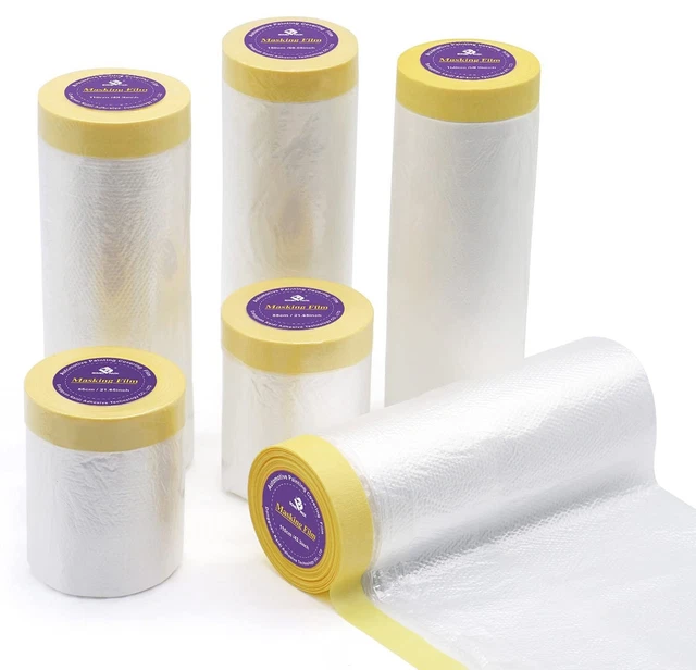 thumbnail interactive-video image 1 of Painters Plastic With Tape, Tape And Drape, 5 Rolls Pre-Taped Masking... 1 of 9