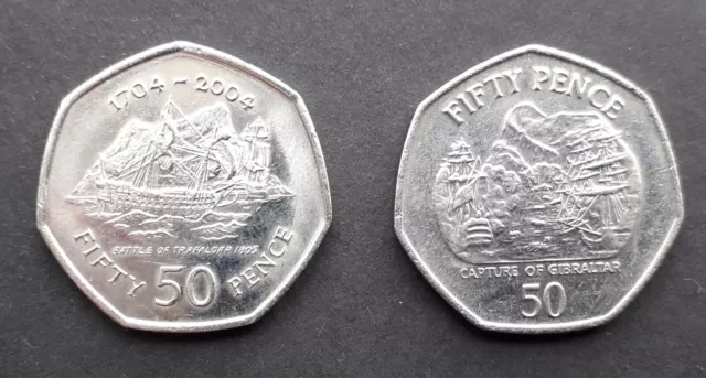 Gibraltar 2004 & 2005 50p coin - 2 x circulated fifty pence coins