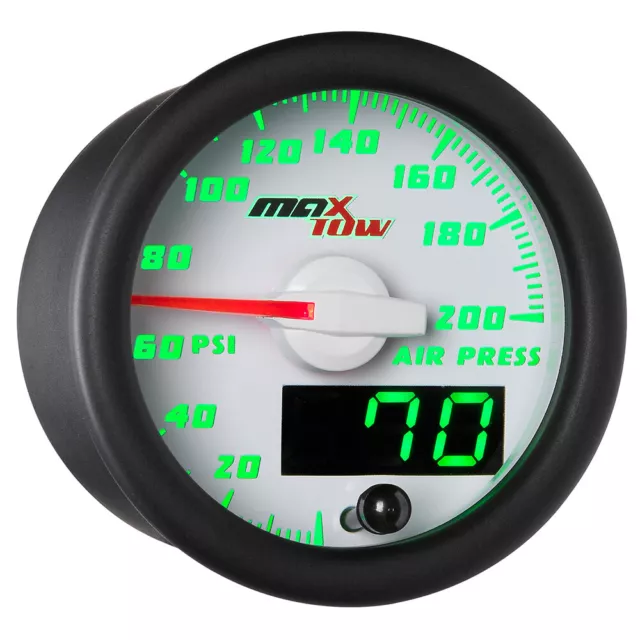 52mm White MaxTow 200 PSI Air Pressure Air Suspension Gauge