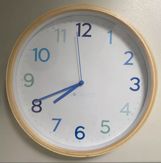 Nursery / Kids Clocksicle ‘ Silent Sweep ‘ Wall Clock Blue Numbers Oak Frame