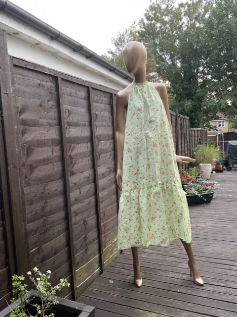 Zara Ladies Lime Green Floral Printed halterneck Maxi Dress Size M🐣🐣