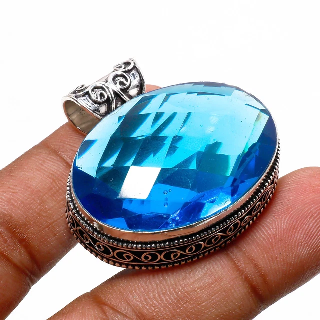 London Blue Topaz Vintage Style Handmade Silver Plated Pendant 1.40" PA 2057