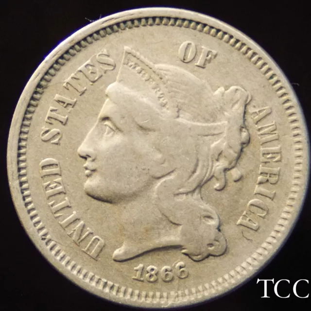 1866 THREE CENT NICKEL ~ BEAUTIFUL ORIGINAL COIN ~ 3c LIBERTY ~  TCC
