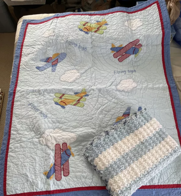 "Cuna y manta de edredón para bebé hechos a mano para niños aplique azul bordado 53x46"