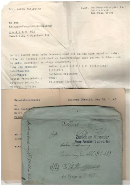 Feldpost Brief 2.WK 67013 Zurück Vermisstensuche 1945 Feldgrauer Eisenbahner (96