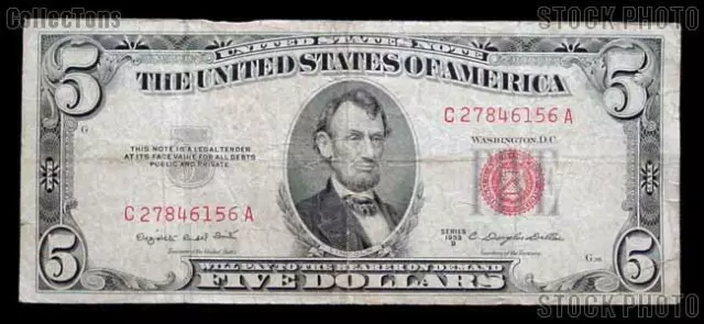Five Dollar Bill Red Seal Series 1953 US Currency Good or Better