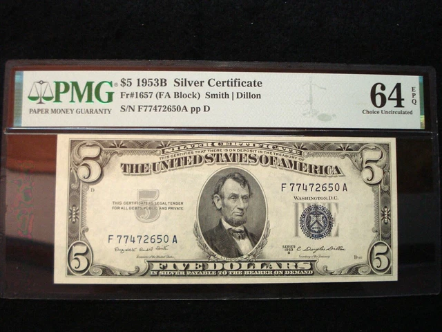 1953-B $5 Silver Certificate - Pmg 64 Epq