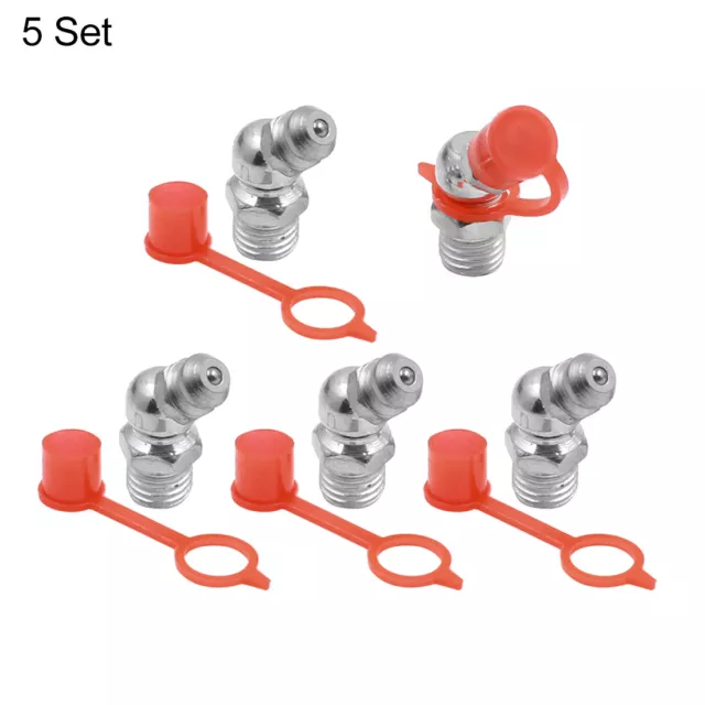 M8 Hydraulic Grease Nipple Fittings Iron Zinc 45 Degree Angled w/ Cap - 5 set