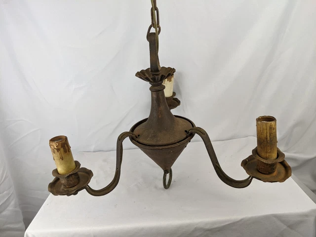 Vintage Antique French Rococo Brass 3 Light Chandelier Hanging Ceiling Light