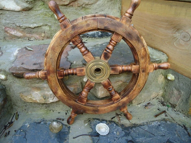 Brown Ships Wheel Mango Wood 18 Across Wooden & Brass Maritime Pirate Very Nice