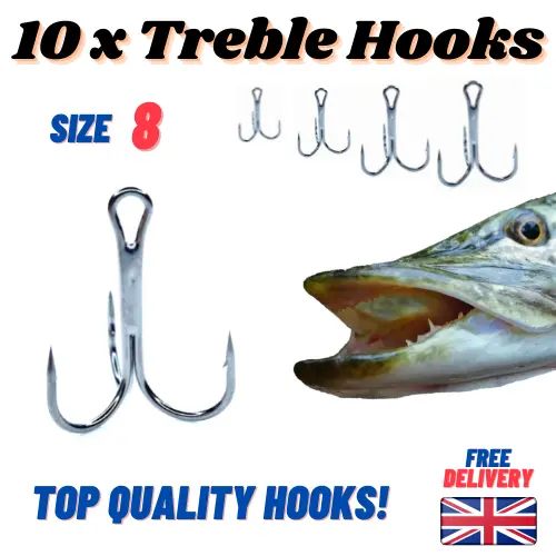 TREBLE HOOKS SIZE 2 4 6 8 Pike Fishing - EXTRA STRONG - Semi Barbed  Barbless £4.59 - PicClick UK
