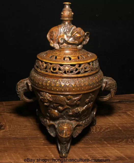 10.4 " Xuande Marked China Bronze Dynasty Fu Elephant Incense burner Censer