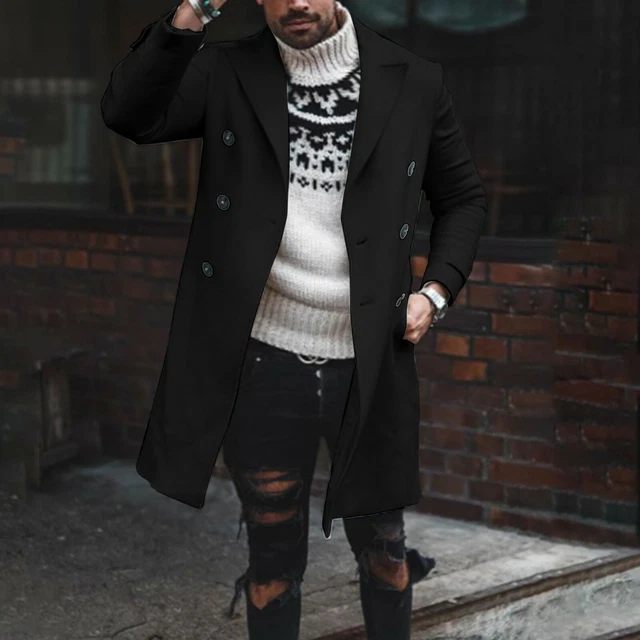 Mens Trench Coat Double Breasted Winter Warm Outwear Long Jacket Woolen Overcoat 3