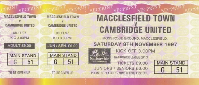 Ticket - Macclesfield Town v Cambridge United 08.11.97