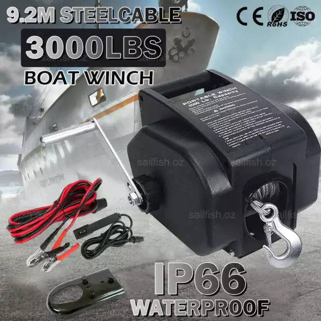 3000LBS Electric Boat Winch 12V 4WD Portable Detachable with 9.2M Steel Cable