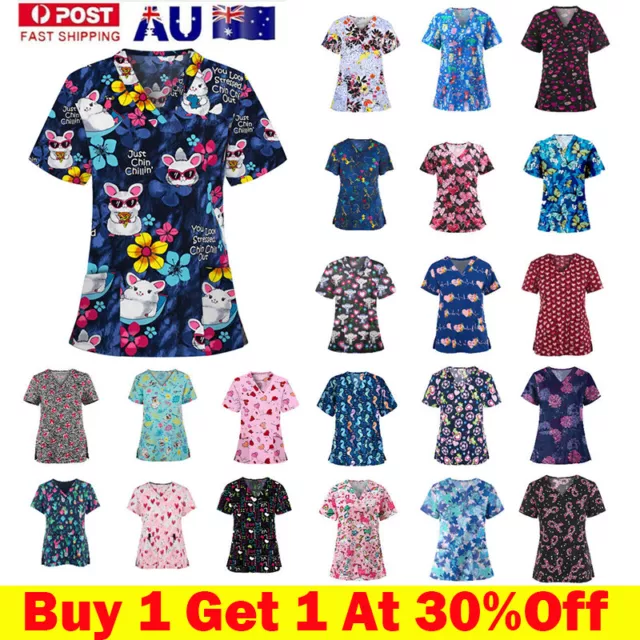 AU Women Printed Medical Uniform Nursing Scrub Short Sleeve Pocket T-Shirt Tops